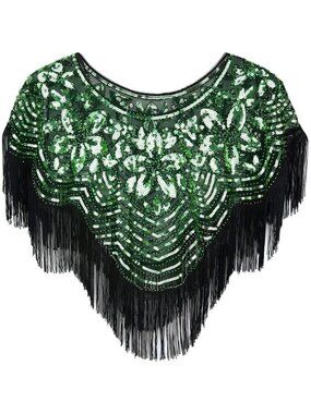 Women's Black Green 1920s Shawl Sequin Beaded Art Evening Cape Tassel Shawls